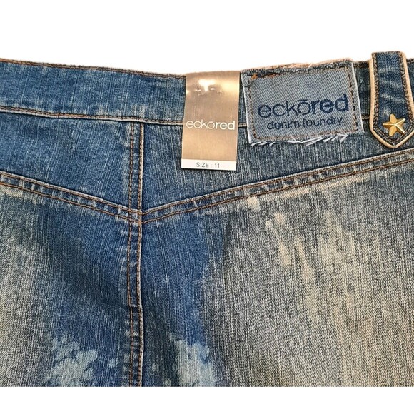 NEW Vtg Y2k Ecko Red Denim Jean Low Rise Mini Skirt Rivet Distress Frayed Hem 11 - Picture 4 of 8